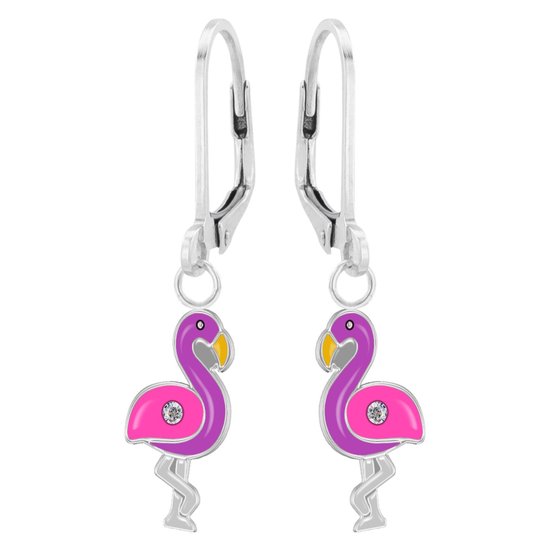 Zilveren oorbellen meisje | Oorbellen kind | Zilveren oorhangers, roze met paarse flamingo met kristal