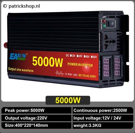 EASUN 12V-230V Zuivere Sinus Omvormer - 2500W/5000W