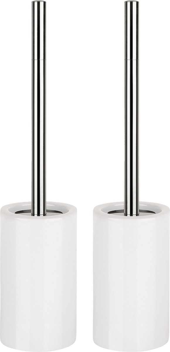 Spirella Toiletborstel met houder Sienna - 2x - ivoor wit - porselein - 42 x 10 cm - met binnenbak