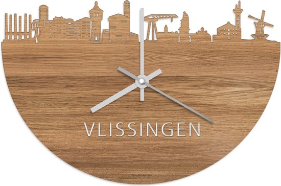 Skyline Klok Vlissingen Eikenhout - Ø 40 cm - Stil uurwerk - Wanddecoratie - Meer steden beschikbaar - Woonkamer idee - Woondecoratie - City Art - Steden kunst - Cadeau voor hem - Cadeau voor haar - Jubileum - Trouwerij - Housewarming -