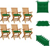 vidaXL Tuinstoelenset - Teakhout - 6 stoelen - Groene kussens - 55 x 60 x 89 cm - Tuinstoel