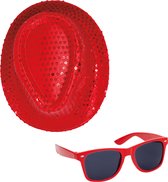 Toppers - Carnaval verkleed set compleet - hoedje en zonnebril - rood - heren/dames - glimmend - verkleedkleding