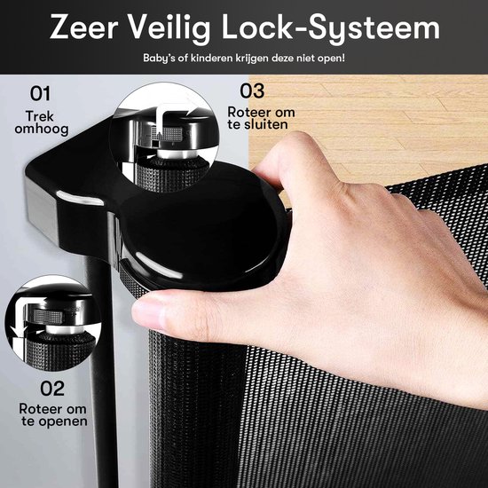 Close-up van het vergrendelingssysteem van het zwarte oprolbare hekje, met illustraties.