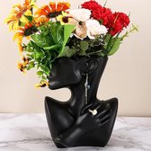 Creativiteit gezicht vazen decoratie, moderne vaas gezicht standbeeld keramische bloempot hoofd kunstversiering huisdecoratie bloemenvazen voor pampasgras woonkamer slaapkamer (zwart)