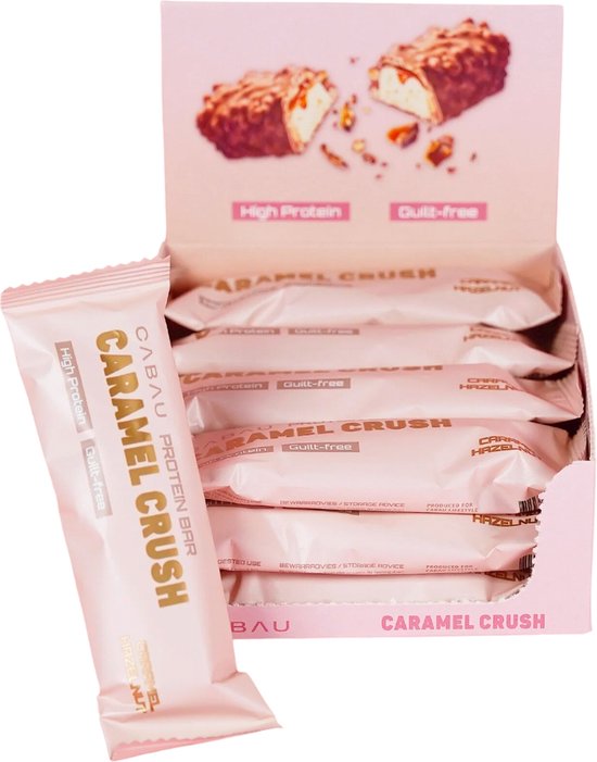 Cabau Lifestyle Protein Bars - Caramel Hazelnut - 19 gram eiwit per reep - Echte chocolade, crunchy & laag in calorieën - Eiwitrepen - 12 stuks - Verantwoorde snack - Romig & rijk van smaak - Verzadigd gevoel - Helpt bij spierherstel & spiergroei