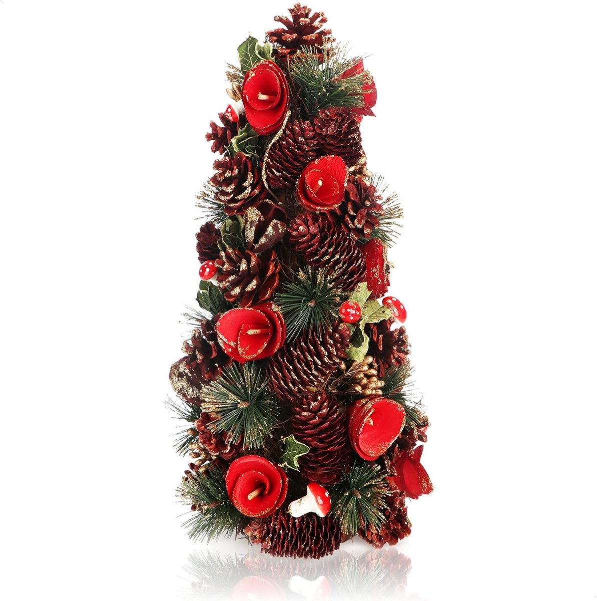 Decoratieve kerstboom kleine decoratieve boom geweldige tafeldecoraties ideaal voor de adventstijd complementeert kransen en guirlandes (boom rode bloem)