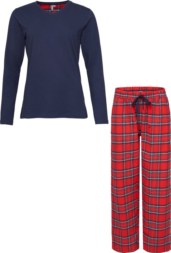 By Louise Dames Pyjama Set Met Flanellen Pyjamabroek Donkerblauw - Maat XL