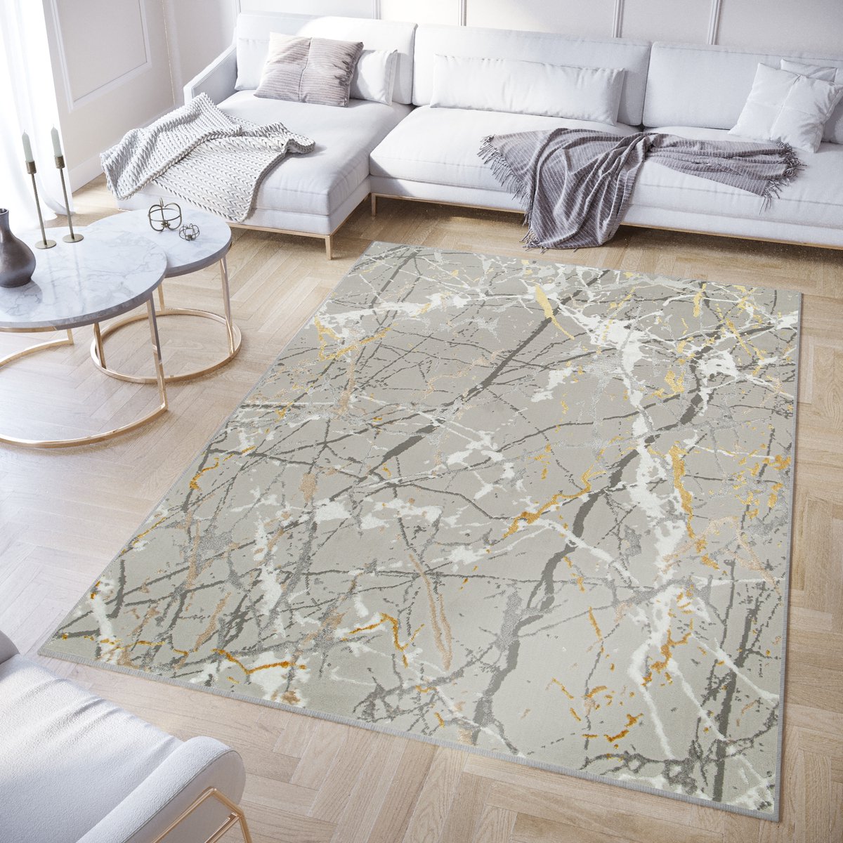 Tapiso Crystal Vloerkleed Lichtgrijs Beige Marmer Kleed Tapijt Maat- 80x150