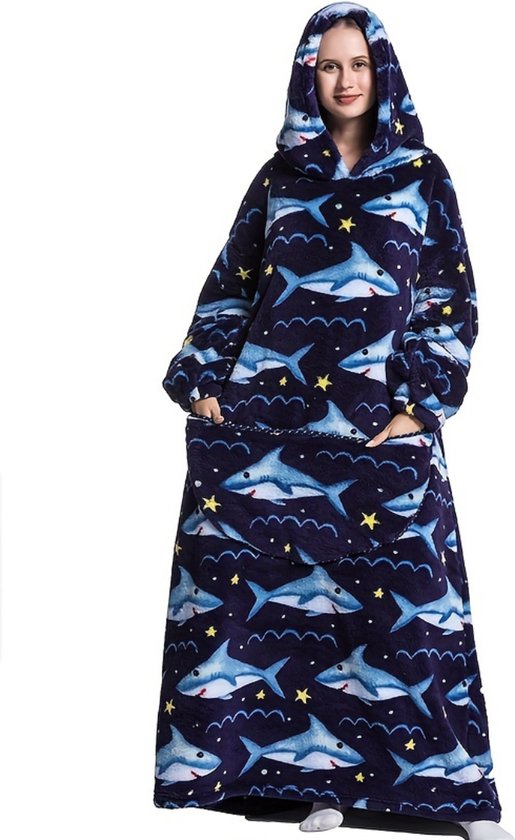 Livano Couverture à capuche avec manches - Onesie - Blanket polaire - Femme - Homme - Enfants - Plaid - Couverture câline - Extra douce - Requin