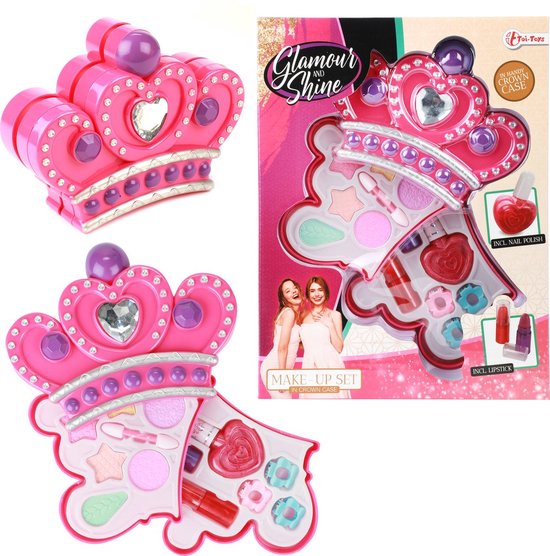 Toi Toys Make-up set Kroon Deluxe - Kinder Make up - Roze Make up set - Diverse Kleuren Oogschaduw, Lipgloss, Nagellak en Haarspeldjes - Beauty Girls - Meisjes Opmaken - Vegan Make up set - Cadeautip Kinderfeestje Meisje - Kerstcadeau Meisje -