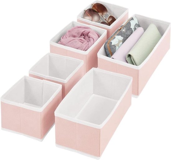 Opbergdoos voor kast of commode (set van 6) – opbergdozen van 2 maten van kunstvezel – lade-organizer voor sokken, lingerie enz. – roze en wit