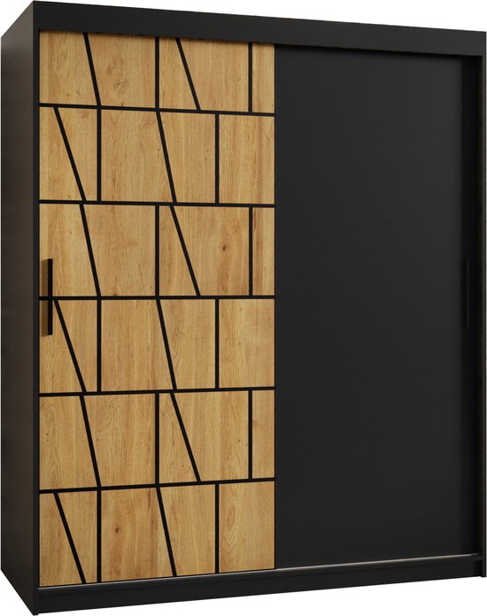 Zweefdeurkast Kledingkast met 2 schuifdeuren Garderobekast slaapkamerkast Kledingstang met planken (LxHxP): 150x200x62 cm - LIMOS (Zwart en geometrische patronen, 150) met lades