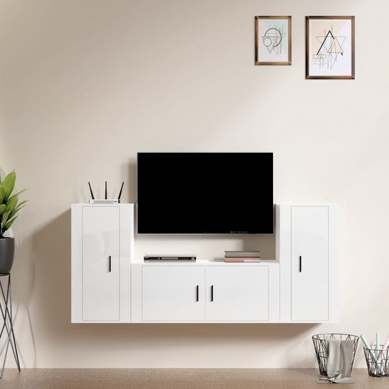 vidaXL TV-meubel - Klassiek - Wandgemonteerd - Hoogglans Wit - 1x 100x34.5x40cm - 2x 40x34.5x80cm - Kast