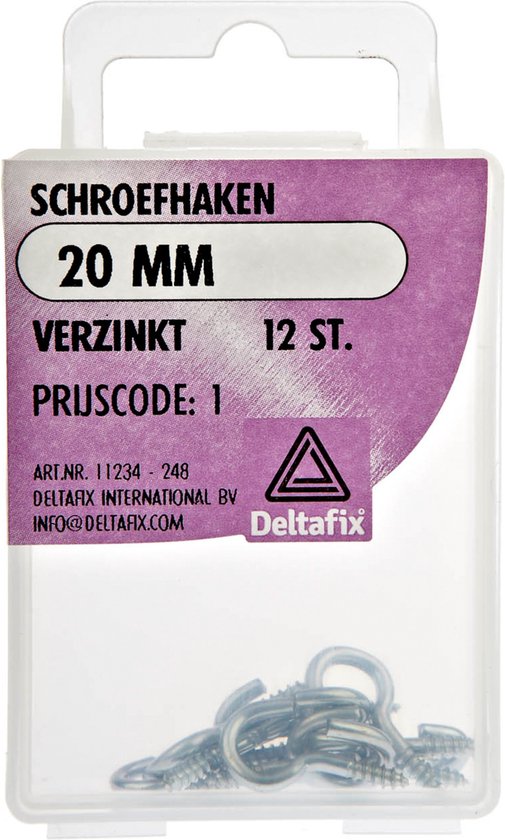 Verpakking met 12 verzinkte schroefhaken van 20 mm van Deltafix.