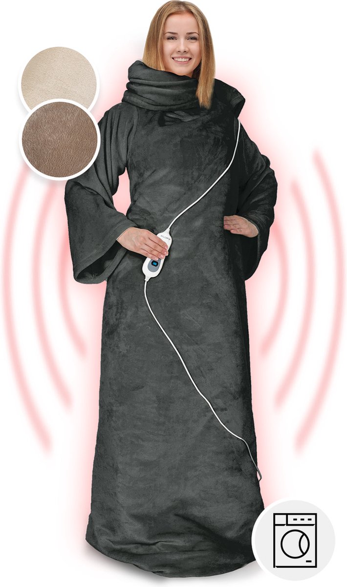 Klarstein Slanket Warmtedeken - Elektrisch deken met automatische uitschakeling - Met Mouwen - 155 X 180 cm - 3 Standen - Zacht Knuffelkostuum Van Fleece Voor Volwassenen - Antraciet