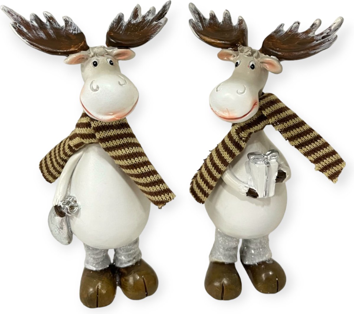 Home Society - Set/2 - Ornamenten - Elandjes - Hubs - Wit/zilver/bruin