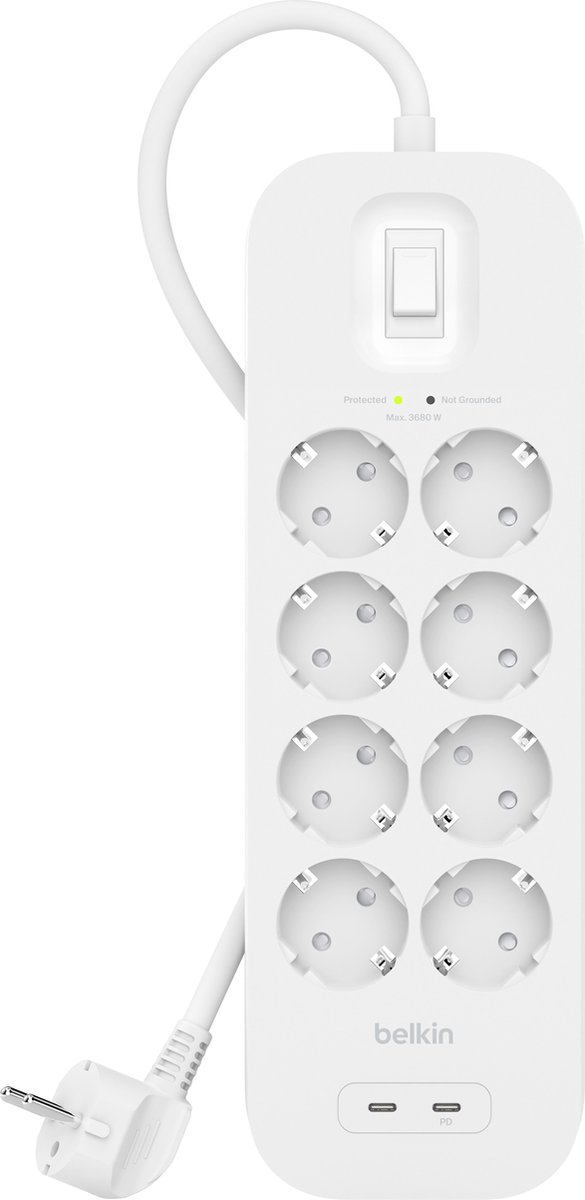 Belkin Spanningsbeveiliger met 8 stopcontacten Wit 2M (USB-C+USB-C)