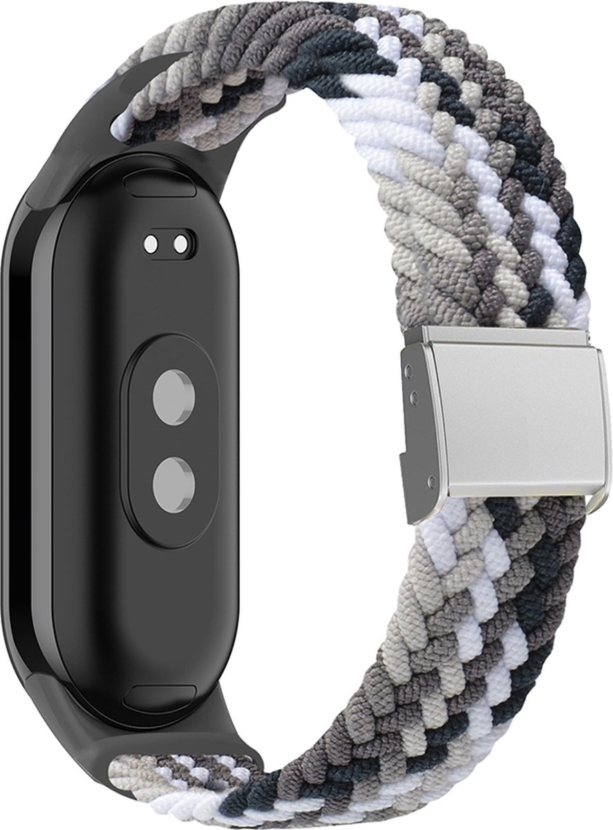 By Qubix - Braided nylon bandje - Grijs met wit - Geschikt voor Xiaomi Smart Band 8 / 9 / 10