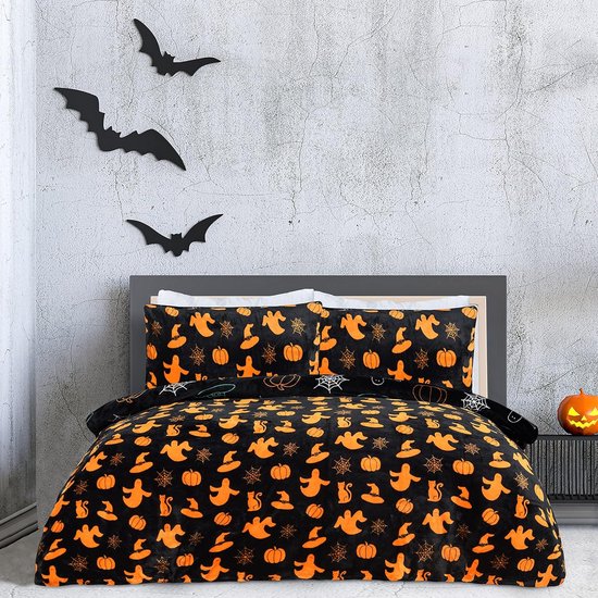 Halloween Spooky Ghost Zwart Oranje Beddengoed de lit réversible en flanelle polaire avec Taies d'oreiller , Beddengoed , douce et facile Maintenance – King (230 cm x 220 cm)