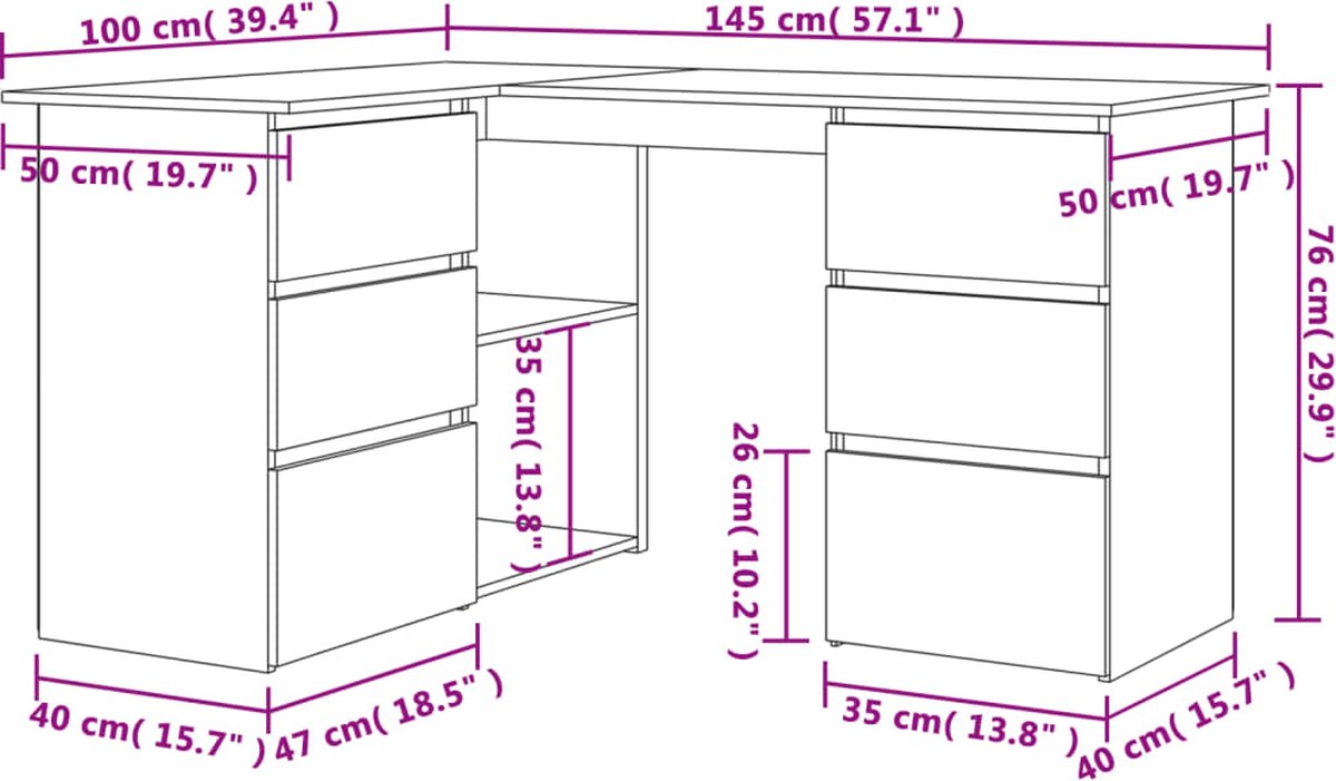 vidaXL vidaXL Hoekbureau 145x100 cm - afbeelding 3