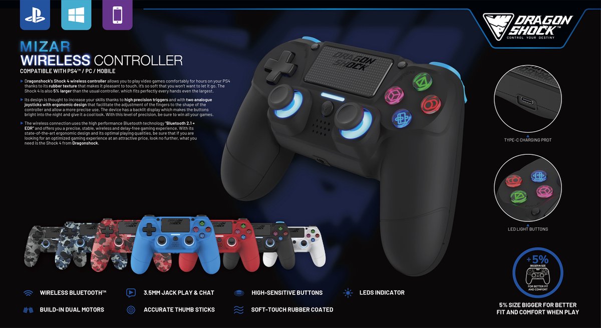 DragonShock - MIZAR BT - Draadloze Controller Blauw - Geschikt voor PS4, PC  en Mobile | bol