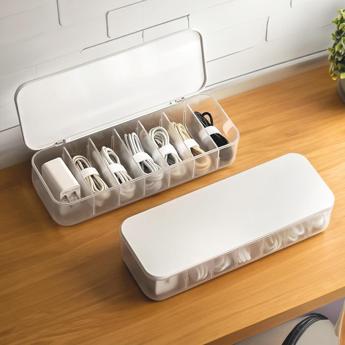 Kabelorganizer, opbergdoos, transparante kunststof kabelmanagementdoos met 8 vakken en 10 kabelbinders