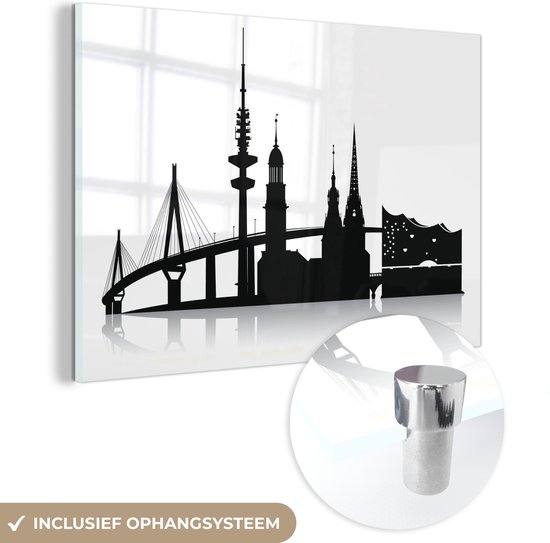 MuchoWow® Glasschilderij 120x80 cm - Schilderij acrylglas - Een zwart-witte illustratie met de skyline van Hamburg - Foto op glas - Schilderijen