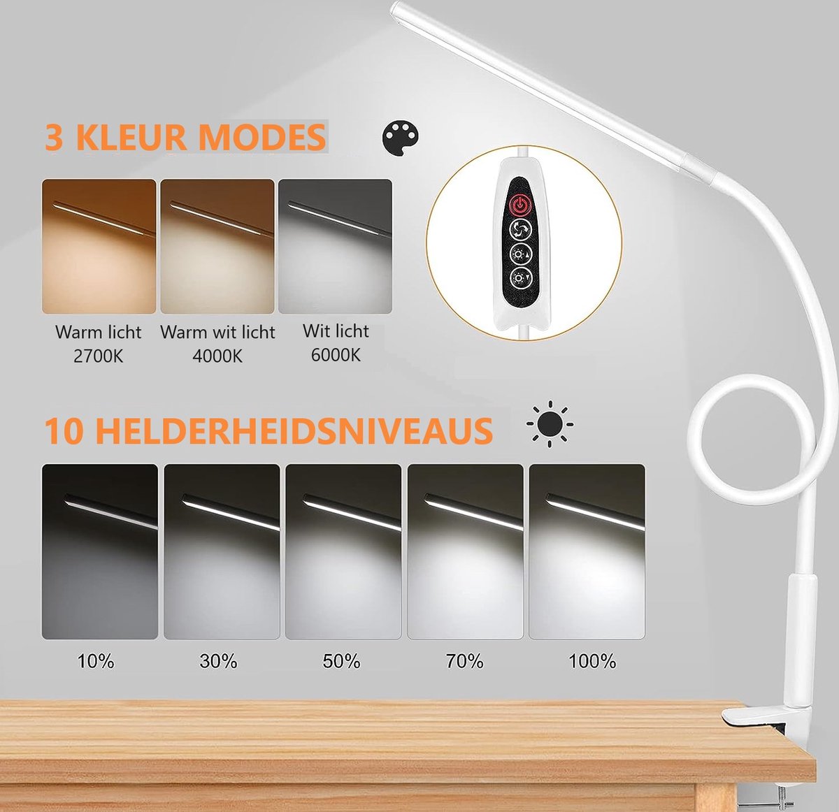 Lampen District® - LED Bureaulamp met klem - Oog beschermende - Hobbylamp - Flexibele Werklamp Wit- 3 Lichtstanden & 10 Helderheidsniveaus thumbnail 2