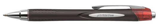 Zwarte Uni-ball Jetstream RT balpen met bruin handvat en rode dop.