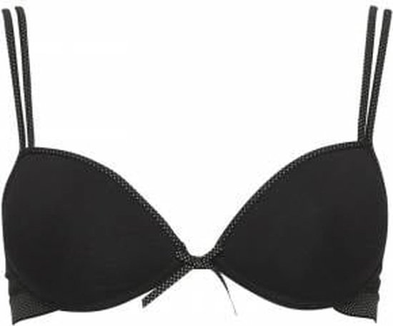 Zwarte push-up beha met stippen op de randen en bandjes.