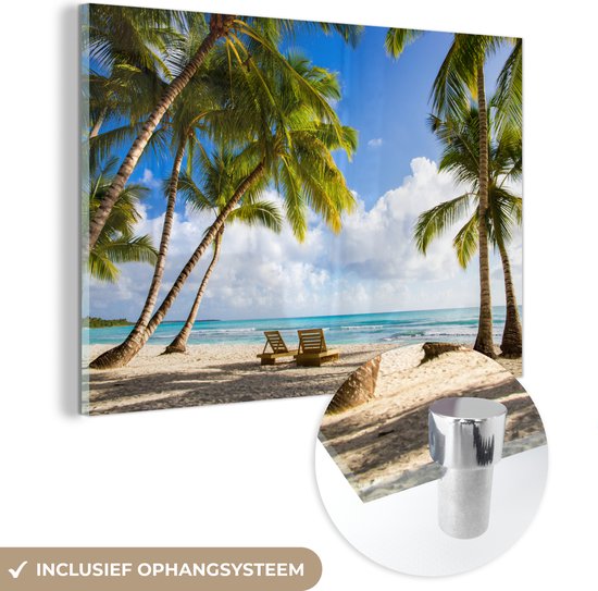 MuchoWow® Glasschilderij 30x20 cm - Schilderij acrylglas - Palm en hutten op tropisch eiland - Foto op glas - Schilderijen