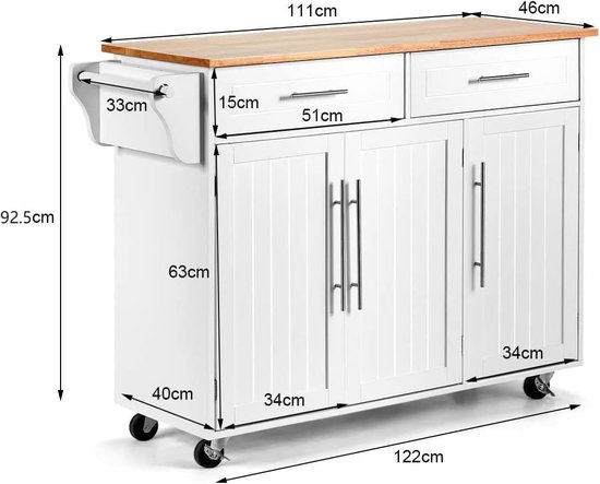 Keukeneilandwagen 153 cm breed Mobiele keukenwagen met wielen & opklapbaar blad & 2 lades & afvalbakkast & messenhouder & kruidenrek & handdoekrek, tafel voor eetkamer, voorraadkast | NL