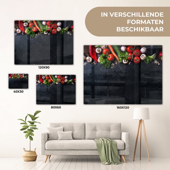 MuchoWow® Peinture sur Verre - Légumes - Herbes - Épices - Zwart - Rustique - Cuisine - 120x90 cm - Peintures sur Verre Acrylique - Photo sur Glas