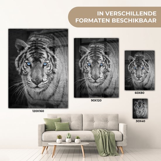 Peinture sur verre - Photo sur verre - Verre acrylique - Animaux - Tigre - Yeux - Blauw - 90x120 cm - Peinture sur verre tigre - Peinture sur verre noir et blanc - Décoration murale verre - Décoration murale animaux