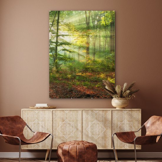 MuchoWow - Glasschilderij - Acrylglas - Zon - Bladeren - Boom - Foto op glas - Schilderij glas - 90x120 cm - Muurdecoratie glas - Glasschilderij binnen - Slaapkamer