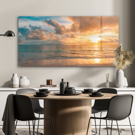 Peinture sur verre - Photo sur verre - Sable - Mer - Soleil - Nuages ​​- 120x60 cm - Verre acrylique - Décoration murale - Peinture mer sur verre - Peinture sur verre plage - Décoration murale