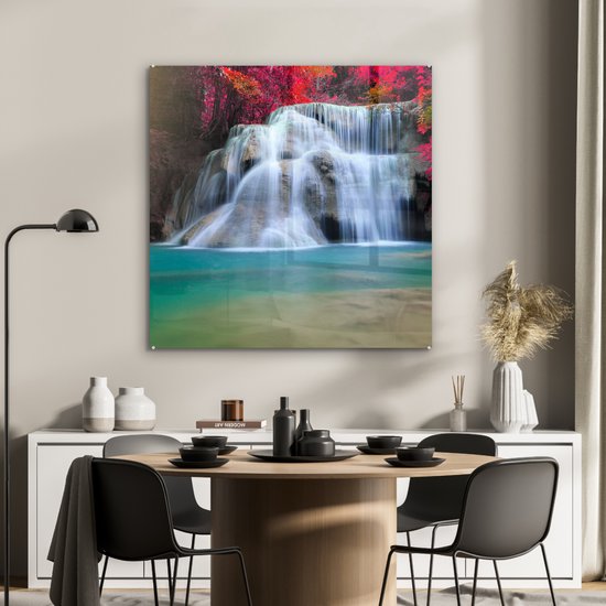 Peinture sur verre - Feuille acrylique - Cascade - Érable du Japon - Rouge - Water - Photo sur verre - Verres acrylique - Peinture sur verre - Décoration d'intérieur - 90x90 cm - Décoration murale