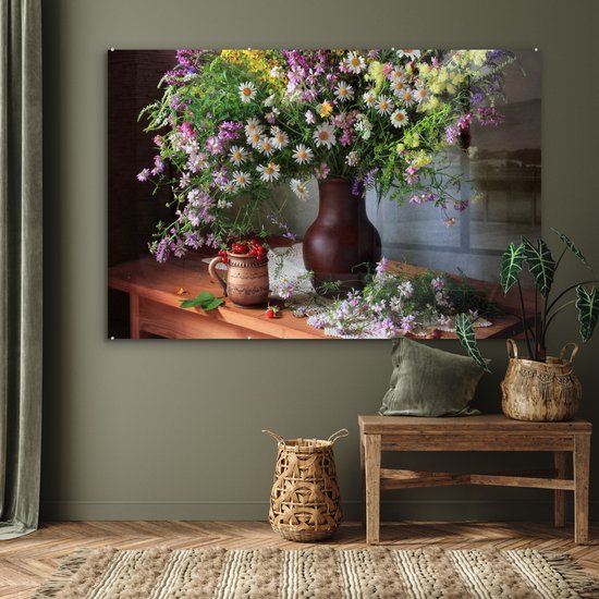 MuchoWow® Glasschilderij 180x120 cm - Schilderij acrylglas - Bloemen - Tafel - Stilleven - Boeket - Vaas - Foto op glas - Muurdecoratie woonkamer - Wanddecoratie slaapkamer - Schilderijen
