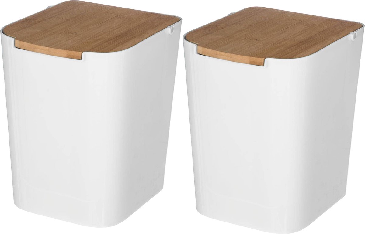 Goedkoopste 5Five prullenbak/vuilnisbak - 2x stuks - 5 liter - bamboe - wit/lichtbruin - 24 x 19 cm - badkamer
