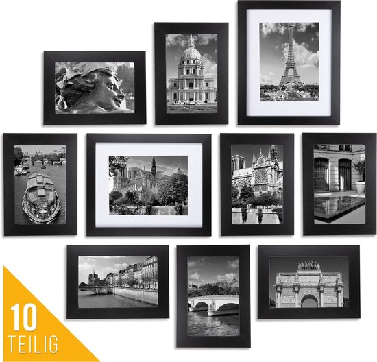 Set de 10 cadres photo de différentes tailles - [18 x 13] Cadre photo noir collage [28 x 18] - Cadre photo en bois de haute qualité - Format portrait ou paysage - Portrait/à suspendre.