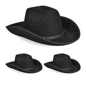 Relaxdays cowboyhoed set van 3 - vilten verkleedhoed - carnaval - western hoed - cowgirl - zwart