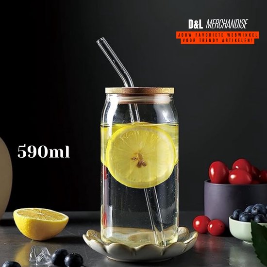 LIBOOI Bierblikglas met bamboe deksels en glazen rietjes, 500 ml drinkglazen met deksel en rietje, blikvormige ijskoffie glazen beker voor cocktail, whisky LIBOOI Bierblikglas met bamboe deksels en glazen rietjes, 500 ml drinkglazen met deksel en rietje, blikvormige ijskoffie glazen beker voor cocktail, whisky