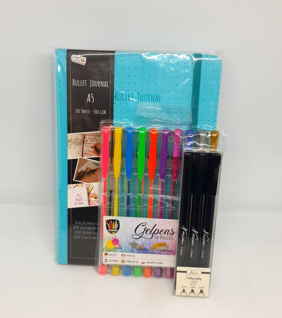 Foto: Bulletjournal starterset complete set om te beginnen met je eigen bullet journal met 10 gekleurde gelpennen 3 kalligrafie stiften 1 bullet journal boekje a5 en 4 washi tape rollen