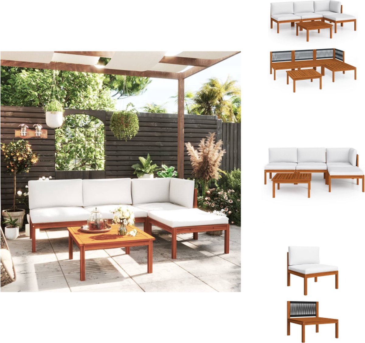 VidaXL Houten Loungeset Acaciahout Hoekbank 65x65x60cm Middenbank 65x65x60cm Voetenbank 63x63x30cm Tuinset