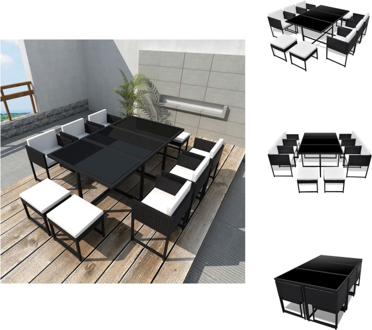VidaXL Rattan Tuinset Inclusief tafel 6 stoelen 4 krukken Zwart Gehard glas Polyester kussens 165x109x72 cm Tuinset