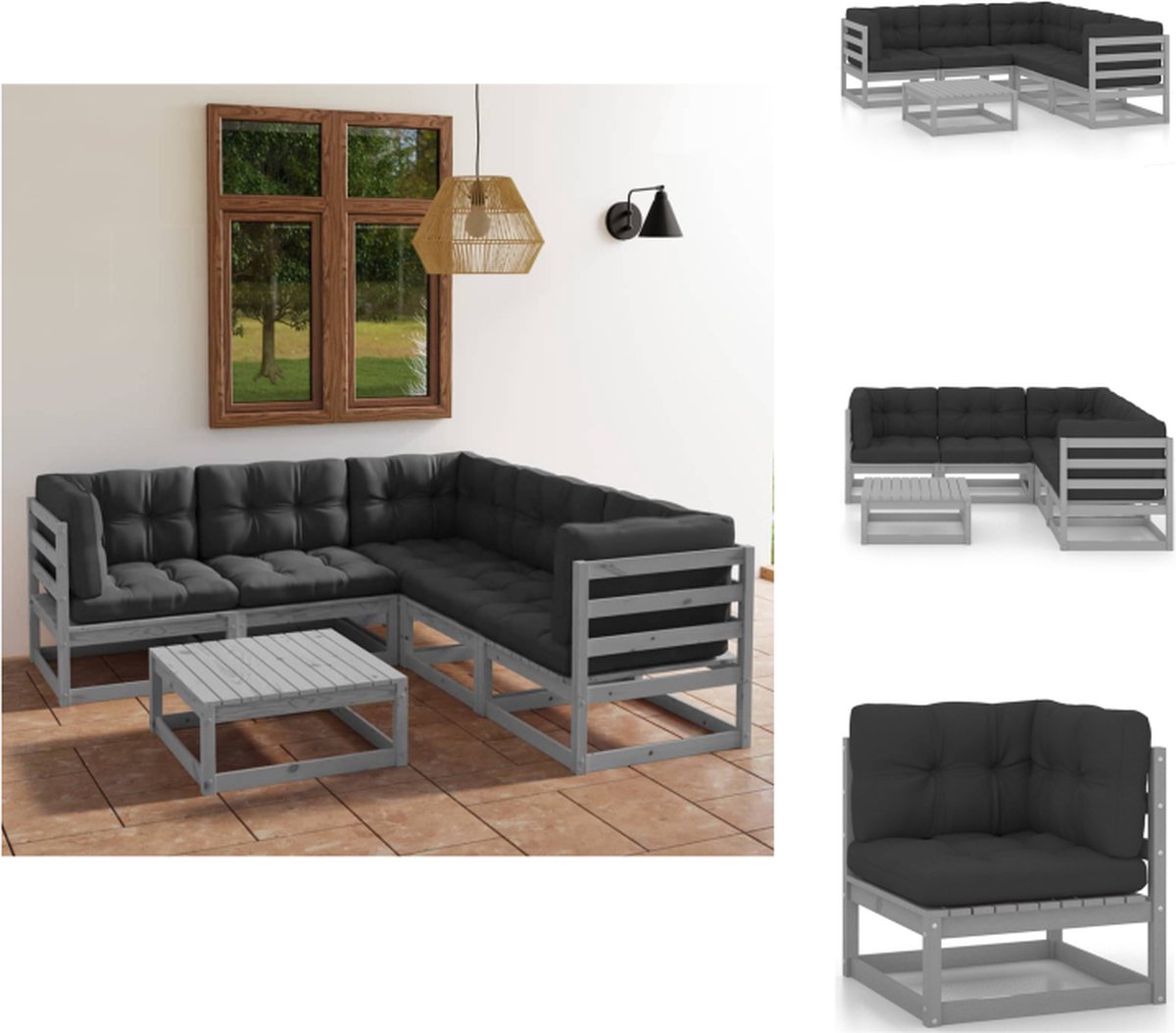 VidaXL Tuinset Grenenhout Grijs 2x middenbank 3x hoekbank tafel 5x zitkussen 8x rug zijkussen Tuinset