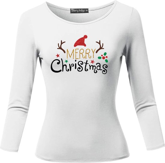 Dames T-shirt / Kerstkleding / Christmas Familie bijpassende glitter outfits | Wit | Maat L