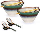 Ramen Ceramic Bowl Set, 2 Pieces, 780 ml, Japanese Ramen Bowl Set, Soup Bowl with Chopsticks, Spoon and Spoon Rest, Gradient Green
