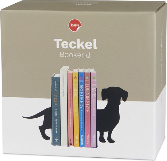 Verpakking van de 'Teckel Bookend' met een afbeelding van de boekensteun en boeken.