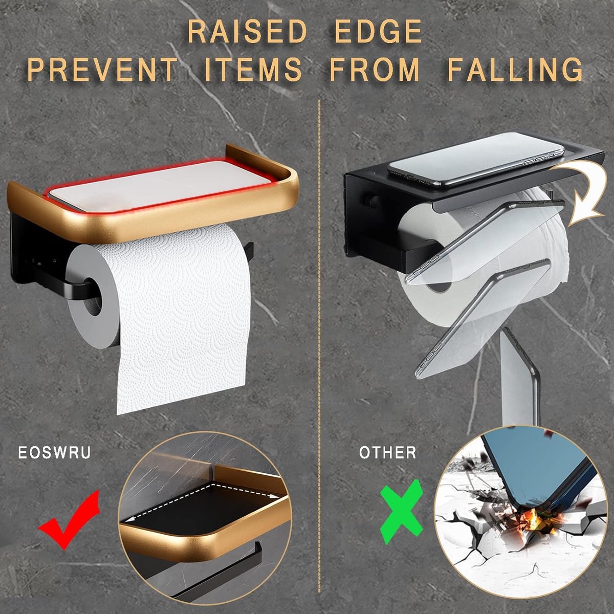 Toiletpapierhouder zonder boren, wc-rolhouder met plank, aluminiumlegering, wc-rolhouder, wandmontage voor keuken en badkamer (zwart